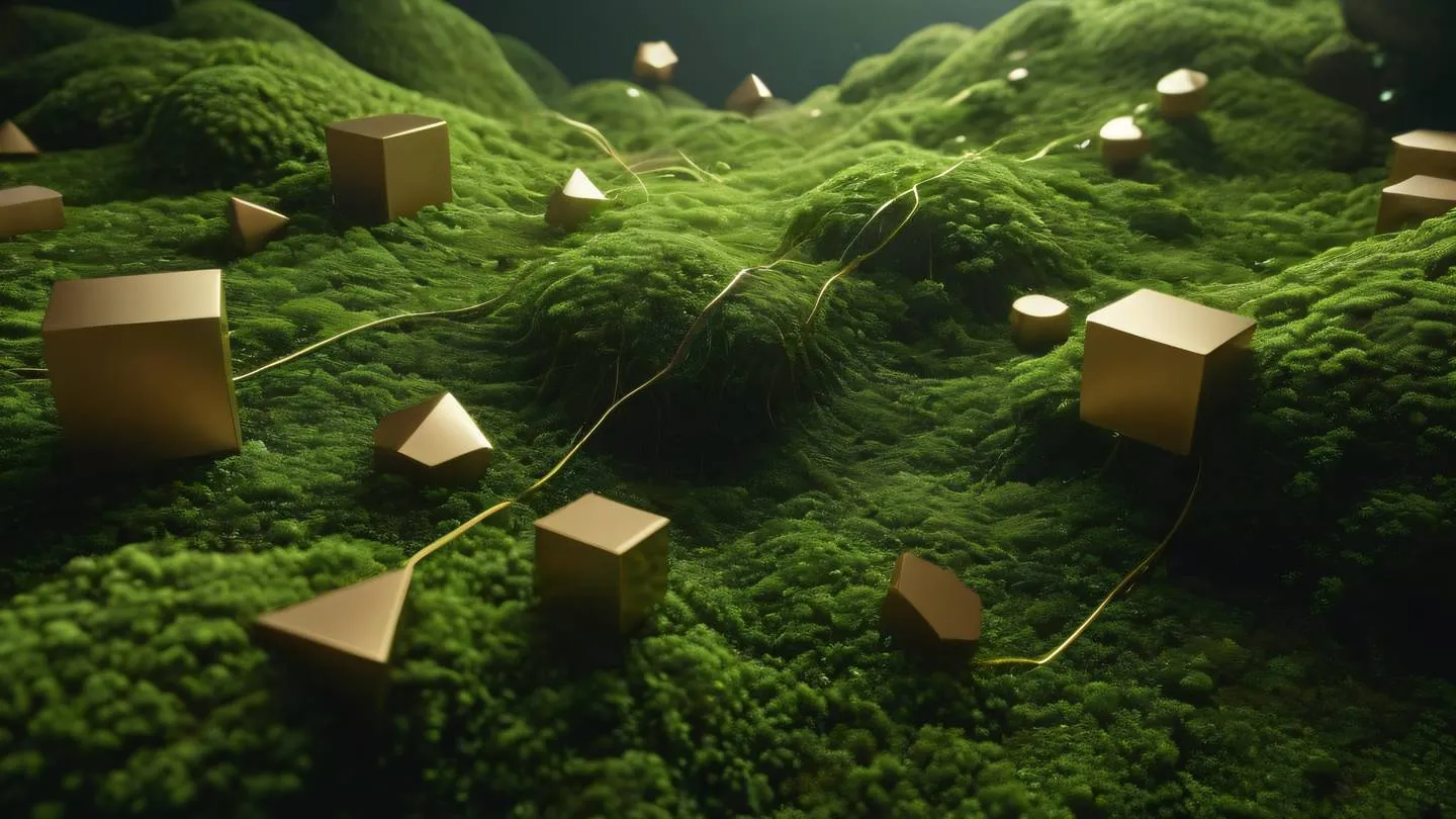 Abstract geometric shapes floating in space with flowing gradients of fresh moss green and contemporary brown with hints of metallic accents representing data flow and connectivity high-quality ultra-realistic cinematic 8K UHD