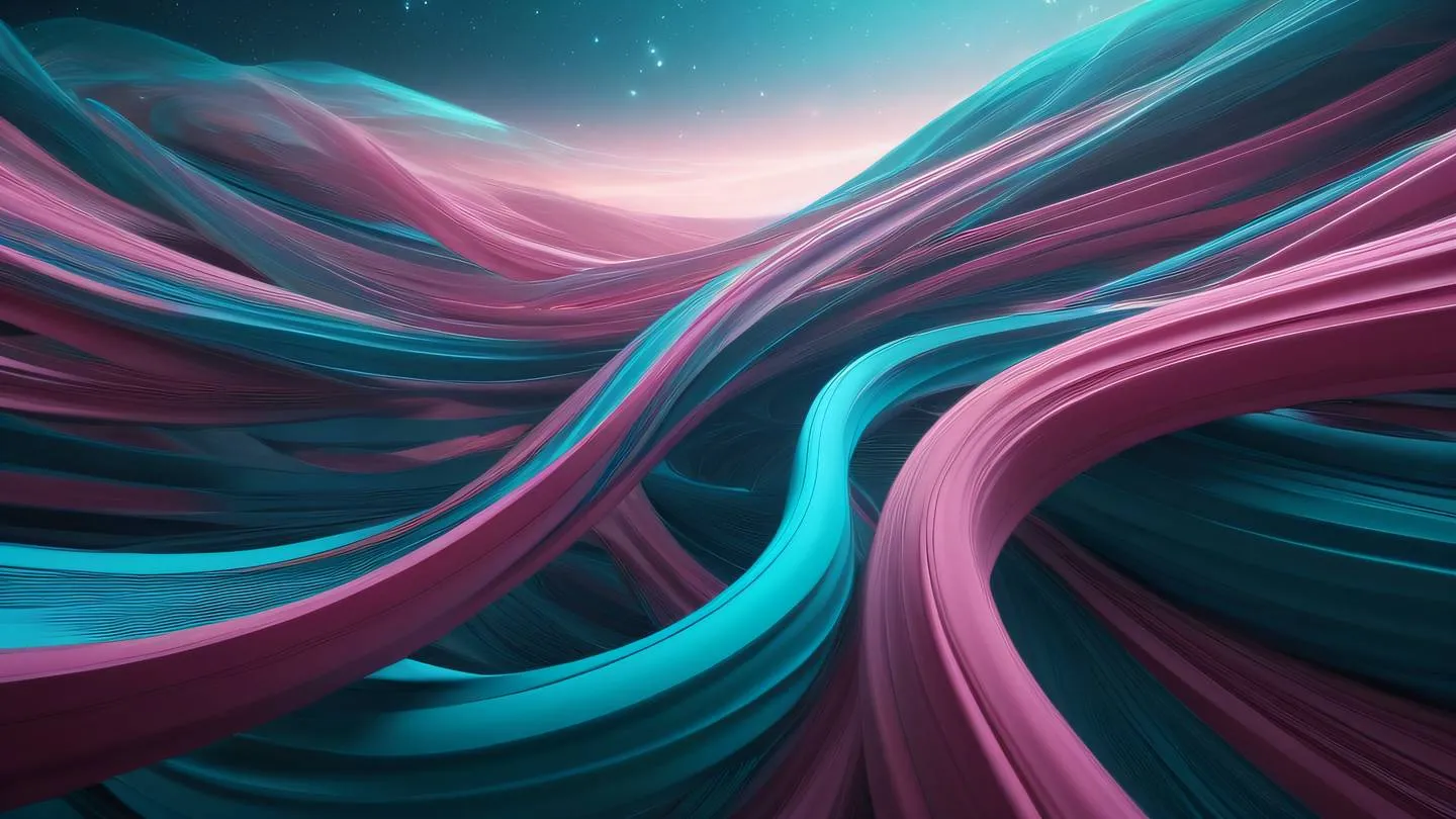 A serene abstract landscape with flowing ribbons of turquoise blue and pink intertwining in space representing harmony and balance in system architecture high-quality ultra-realistic cinematic 8K sharp and detail