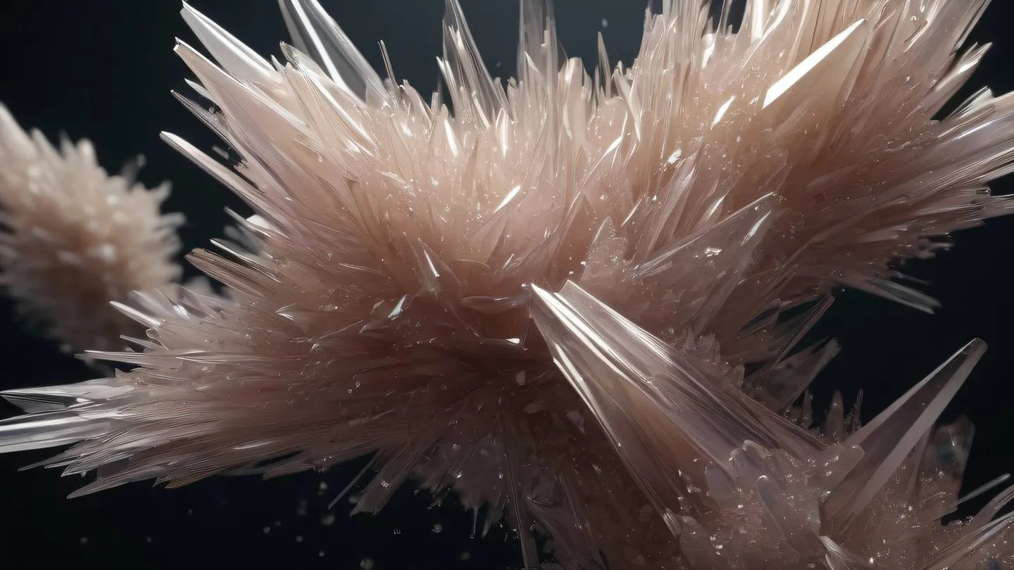 An elegant abstract composition of floating crystalline structures in cream and metallic colors with touches of pink emanating a soft glow against a dark background high-quality ultra-realistic cinematic 8K UHD sharp and detail