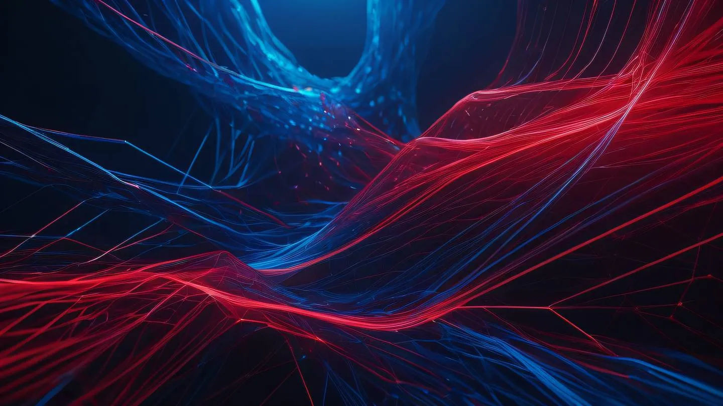 Abstract geometric shapes flowing and connecting in bright red and electric blue colors representing data flow and connectivity minimal style ultra-realistic cinematic 8K UHD high resolution sharp and detailed