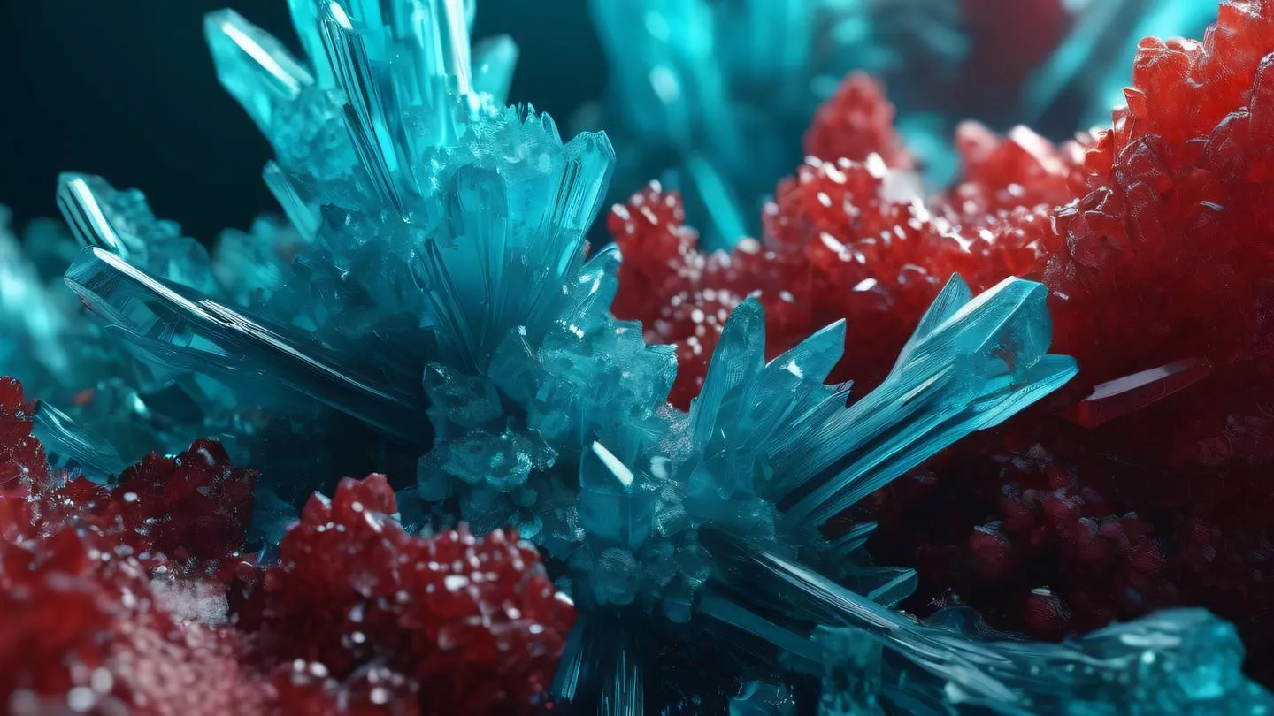 Interconnected crystalline structures in vibrant cyan and crimson abstract macro photography natural formations ultra-realistic cinematic 8K UHD high resolution sharp and detailed