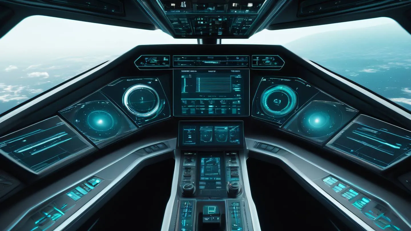 A sleek spaceship dashboard with holographic displays showing complex data visualization shimmering with bright teal and minimal white accents high-quality ultra-realistic cinematic 8K UHD high resolution sharp and detail