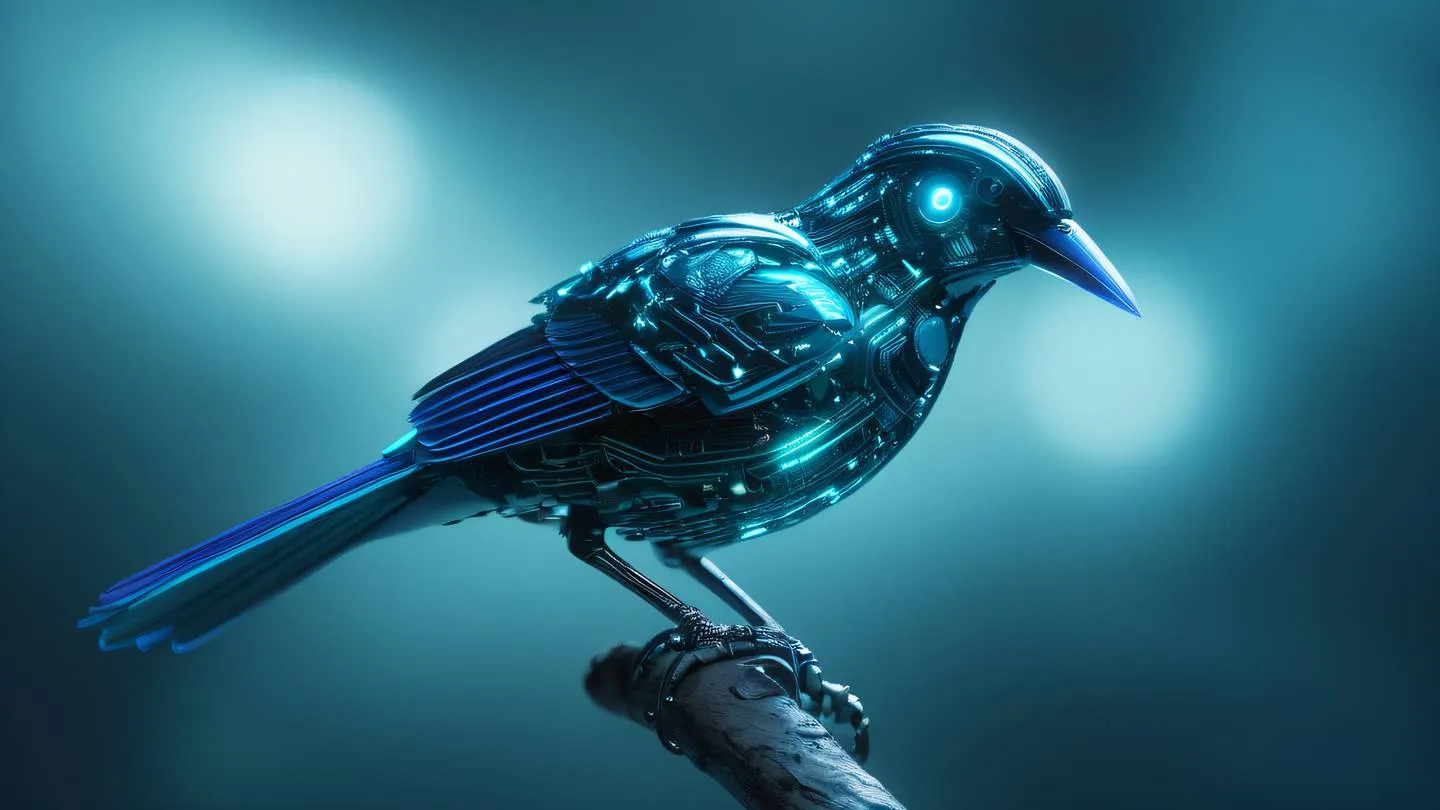 A mechanical bird with glowing circuit patterns perched on a crystalline branch bright teal and indigo color scheme with shimmering metallic accents high-quality ultra-realistic cinematic 8K UHD high resolution sharp and detail