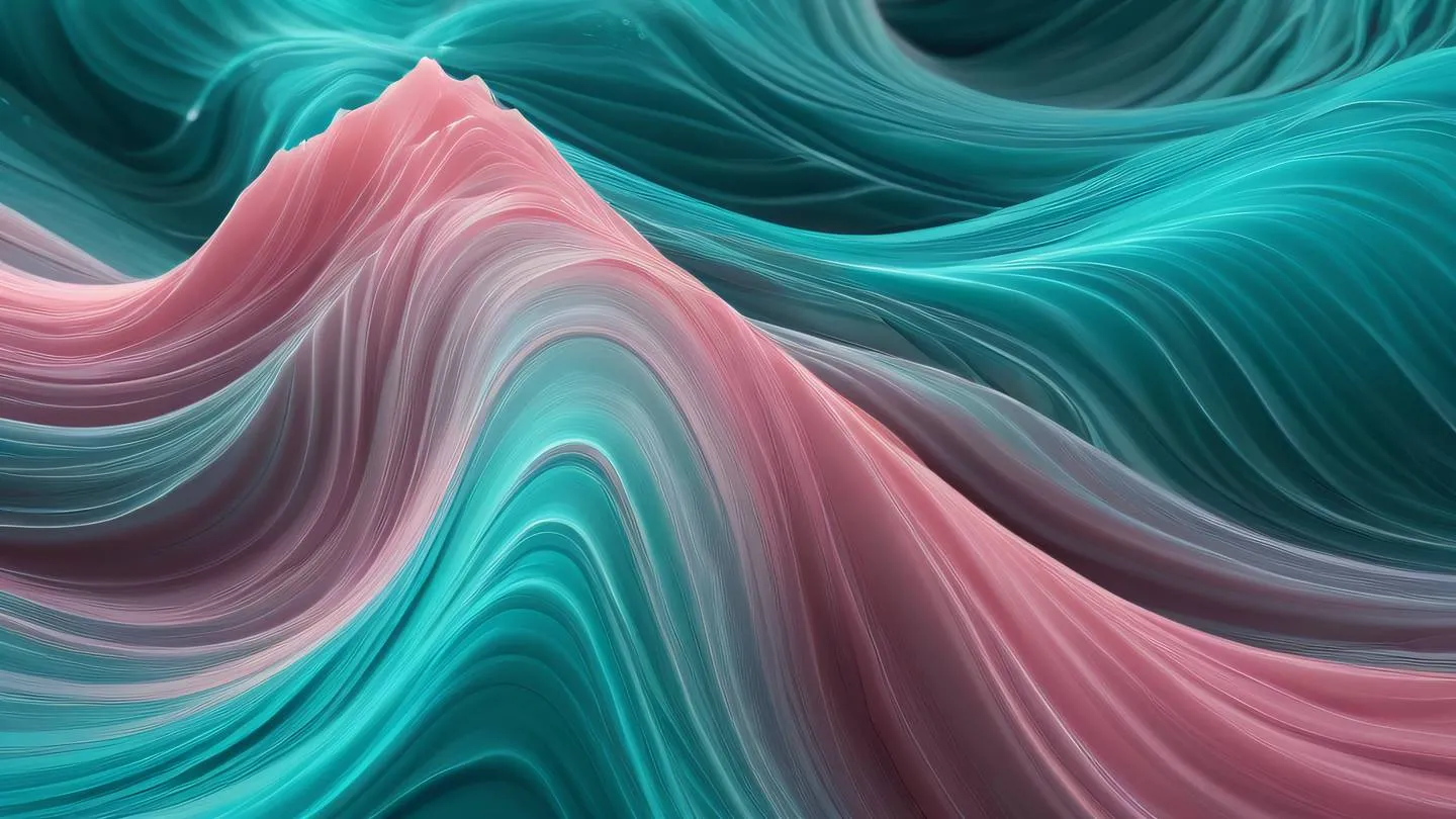 Abstract flowing waves of teal and rose energy creating a dynamic pattern suggesting connection and flow with bright crystalline formations emerging from the waves ultra-realistic cinematic 8K UHD high resolution sharp and detail