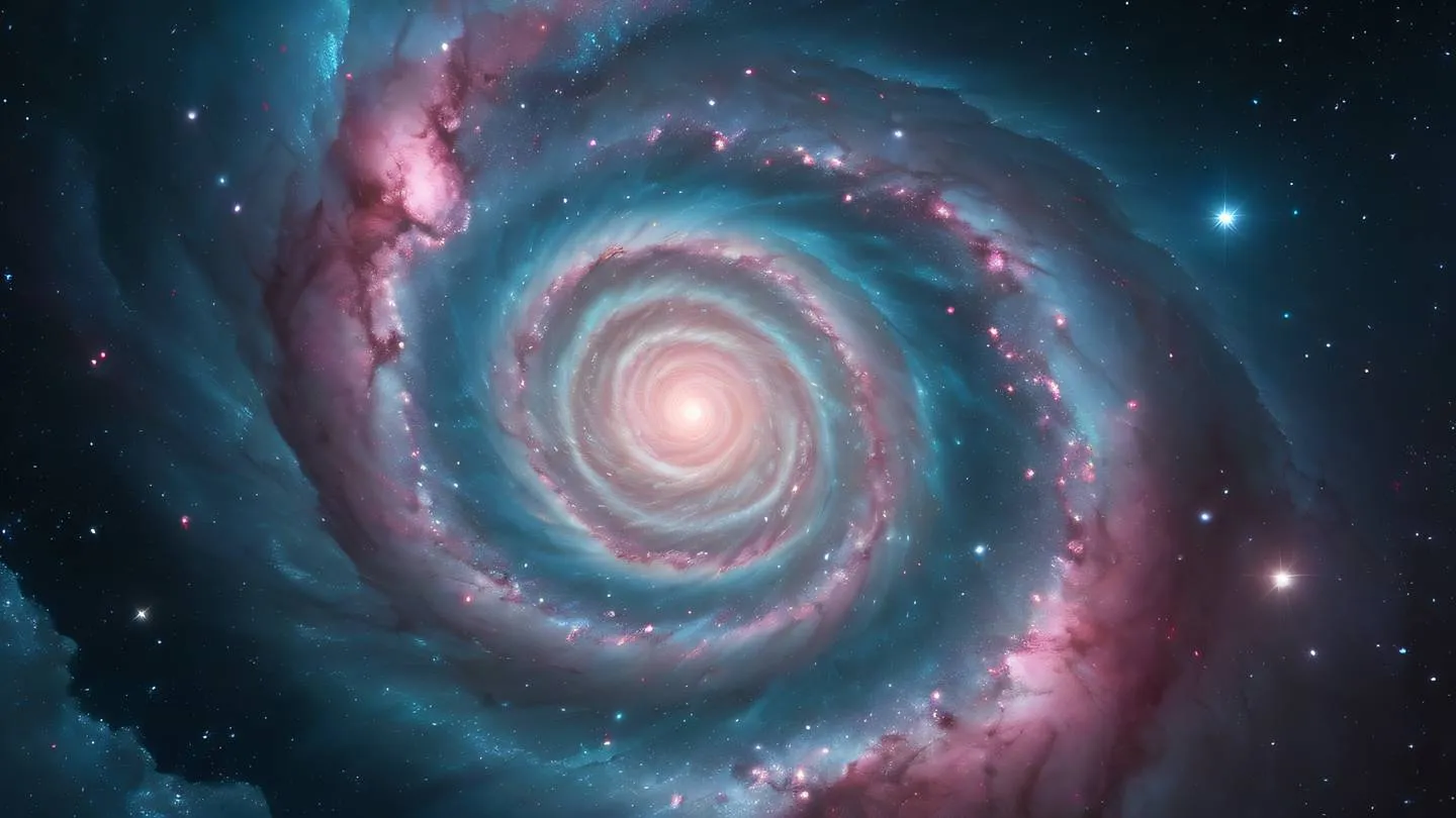 Spiral galaxy formation with bright rose and teal cosmic clouds featuring crystalline structures floating in space ultra-realistic cinematic 8K UHD high resolution sharp and detail