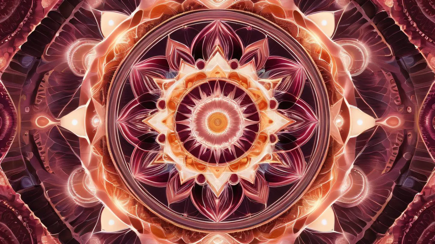 Sacred geometry patterns in bright natural and rose colors with crystalline formations creating an intricate mandala-like structure flowing energy waves connecting elements ultra-realistic cinematic 8K UHD high resolution sharp and detail