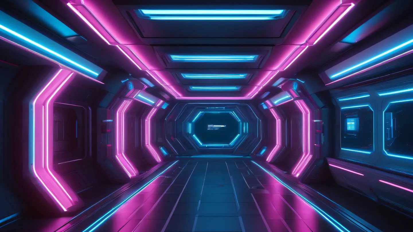 A futuristic minimalist space station interior with bright neon pink and electric blue accent lights focusing on clean geometric shapes and flowing lines ultra-realistic cinematic 8K UHD high resolution sharp and detail