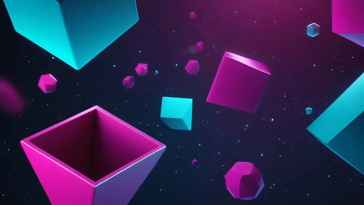 Abstract 3D geometric shapes floating in space with gradients of vivid cyan and magenta representing data optimization ultra-realistic cinematic 8K UHD high resolution sharp and detail