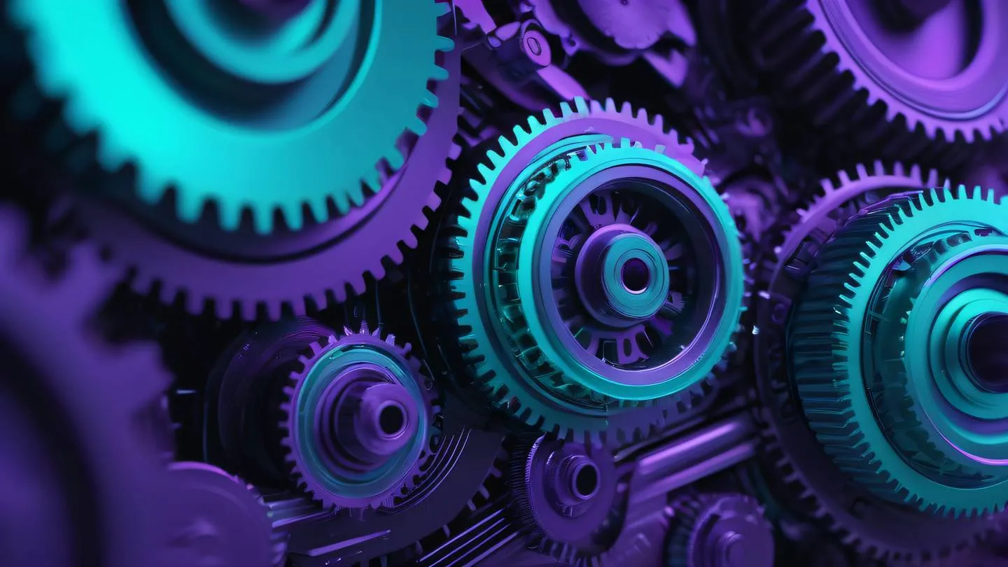 Highly detailed mechanical gears and circuits in motion rendered in bright turquoise and purple colors representing optimization processes ultra-realistic cinematic 8K UHD high resolution sharp and detail