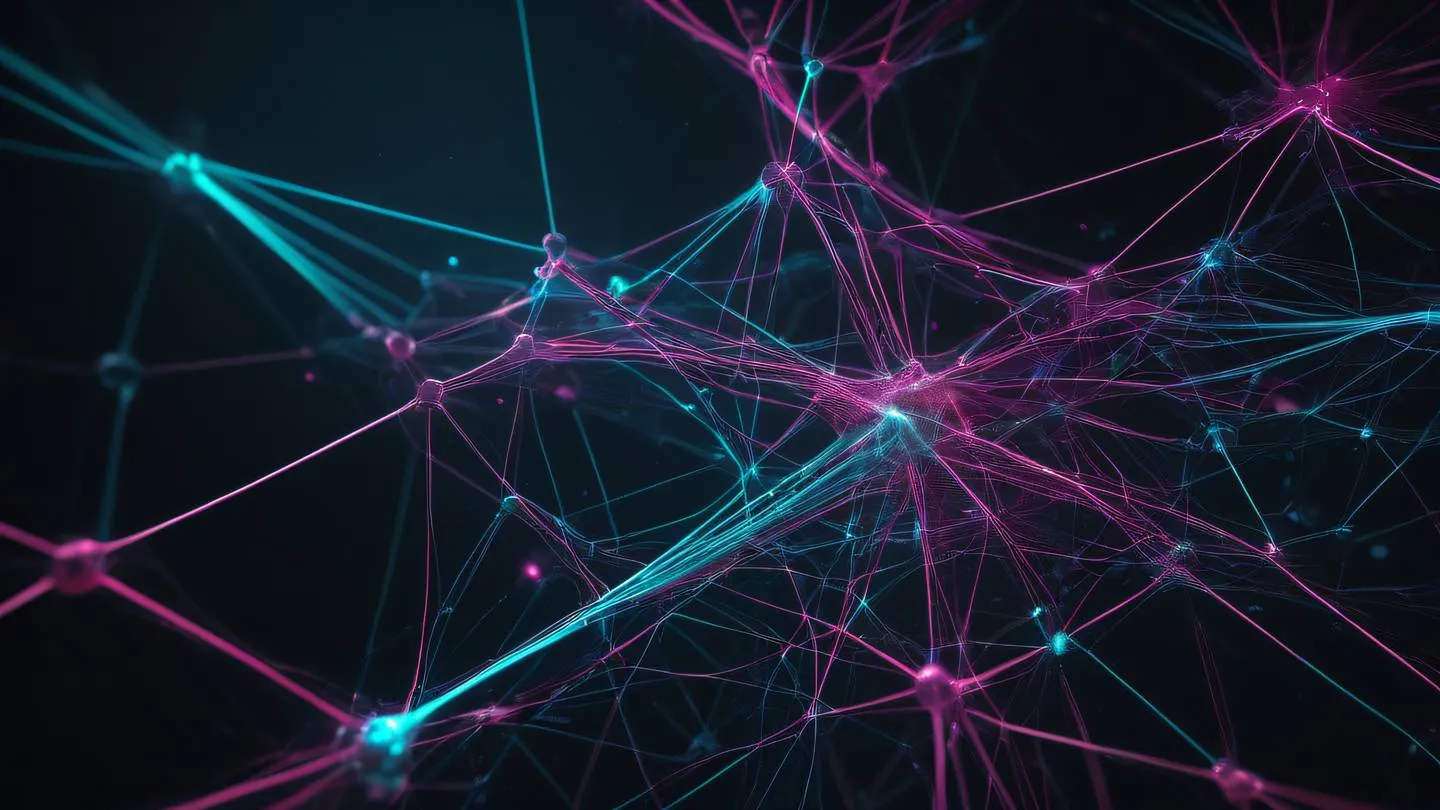 A complex network of interconnected nodes and pathways flowing with bright pink and cyan energy streams against a dark background ultra-realistic cinematic 8K UHD high resolution sharp and detail