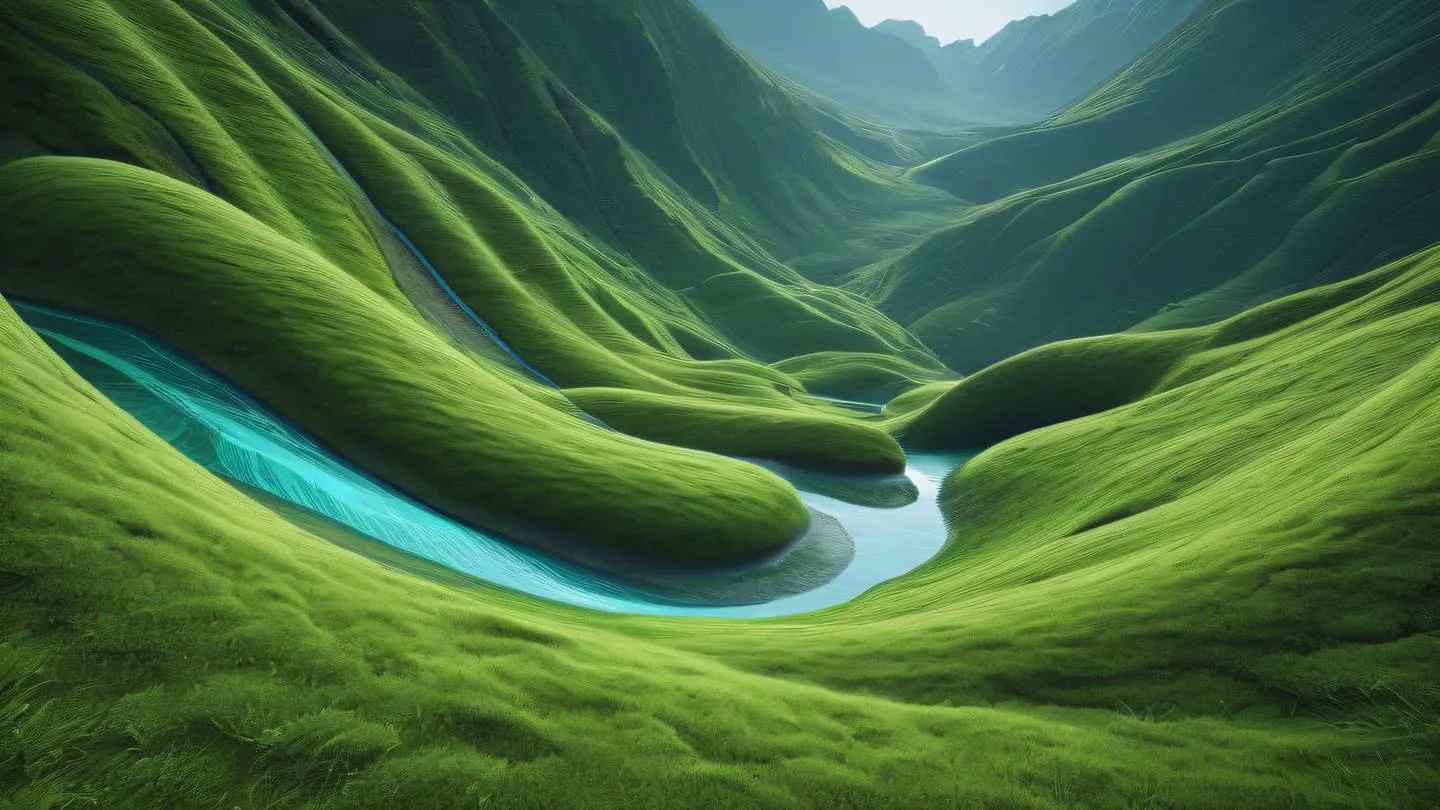 A serene abstract landscape with flowing curves representing optimization and performance dominated by turquoise blue and fresh moss green colors with subtle geometric patterns that suggest computational efficiency high-quality ultra-realistic cinematic 8K UHD high resolution sharp and detail