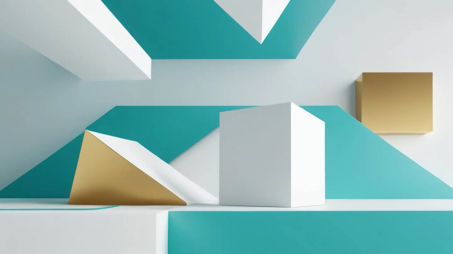 A minimalist abstract floating geometric shapes representing form validation featuring clean lines and flowing patterns in bright teal soft gold and crisp white colors. Shot from a low angle perspective with soft ambient lighting high-quality ultra-realistic cinematic 8K UHD high resolution sharp and detail