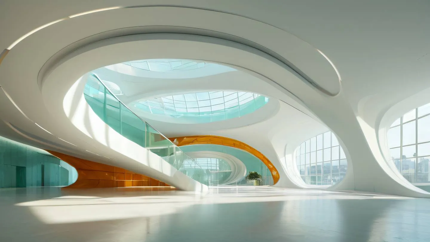 Abstract architectural interior space with flowing curves and clean lines featuring natural sunlight streaming through geometric openings. Dominated by warm amber seafoam green and pristine white. Captured from a wide-angle perspective high-quality ultra-realistic cinematic 8K UHD high resolution sharp and detail