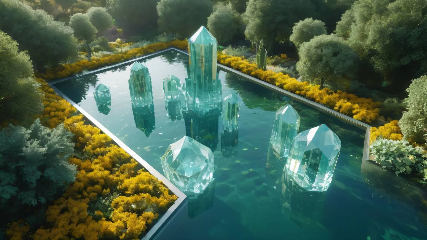 Futuristic crystal garden with geometric crystalline structures emerging from a reflective pool. Colors include clear crystal sage green and golden yellow. Photographed from a bird's eye view high-quality ultra-realistic cinematic 8K UHD high resolution sharp and detail