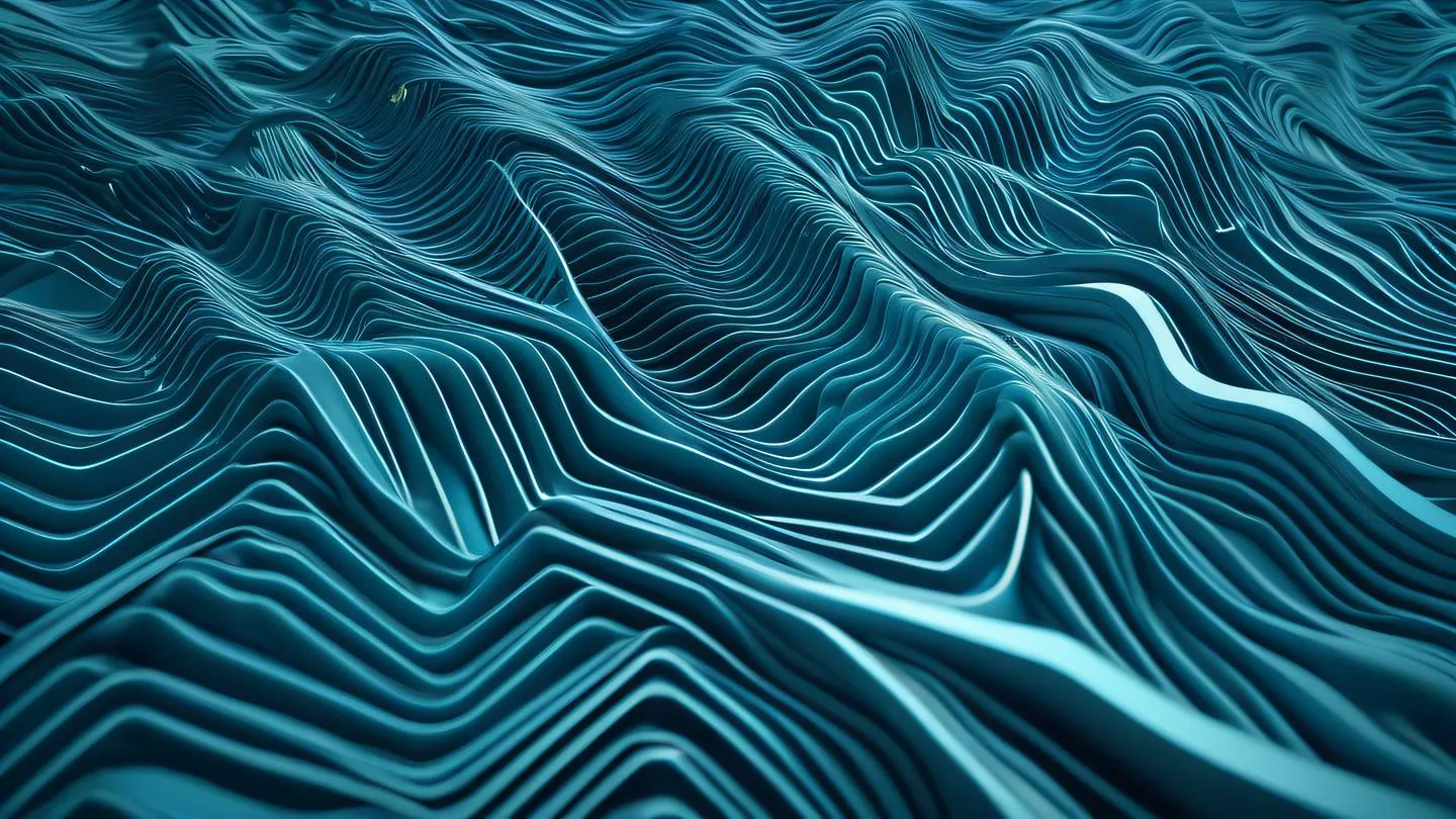 Abstract geometric shapes flowing like waves representing data validation with interconnected nodes and flowing lines. Dominated by bright cyan blue and metallic silver colors overhead view with dynamic perspective high-quality ultra-realistic cinematic 8K UHD high resolution sharp and detail