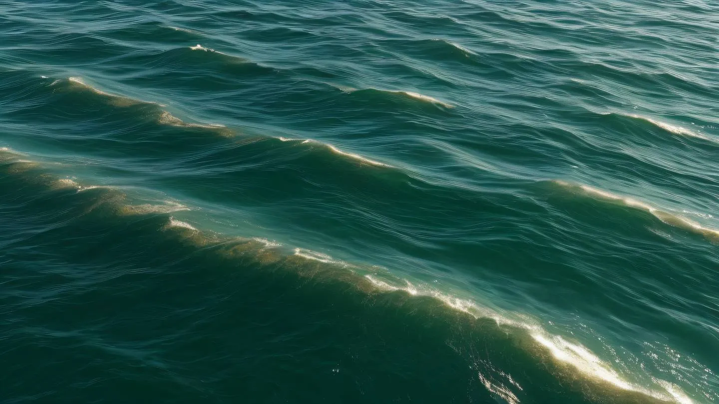 Landscape of rolling waves formed by structured grid patterns featuring bright emerald green and metallic gold accents captured from a low angle perspective high-quality ultra-realistic cinematic 8K UHD high resolution sharp and detail