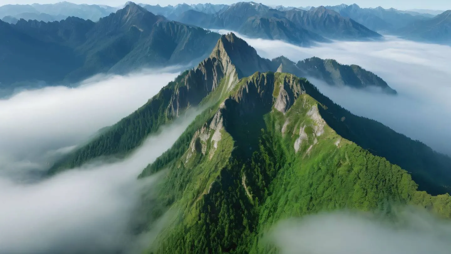 A serene mountain landscape with morning fog featuring bright emerald peaks against a clear sky shot from aerial perspective natural color palette with emphasis on bright greens and whites high-quality ultra-realistic cinematic 8K UHD high resolution sharp and detail