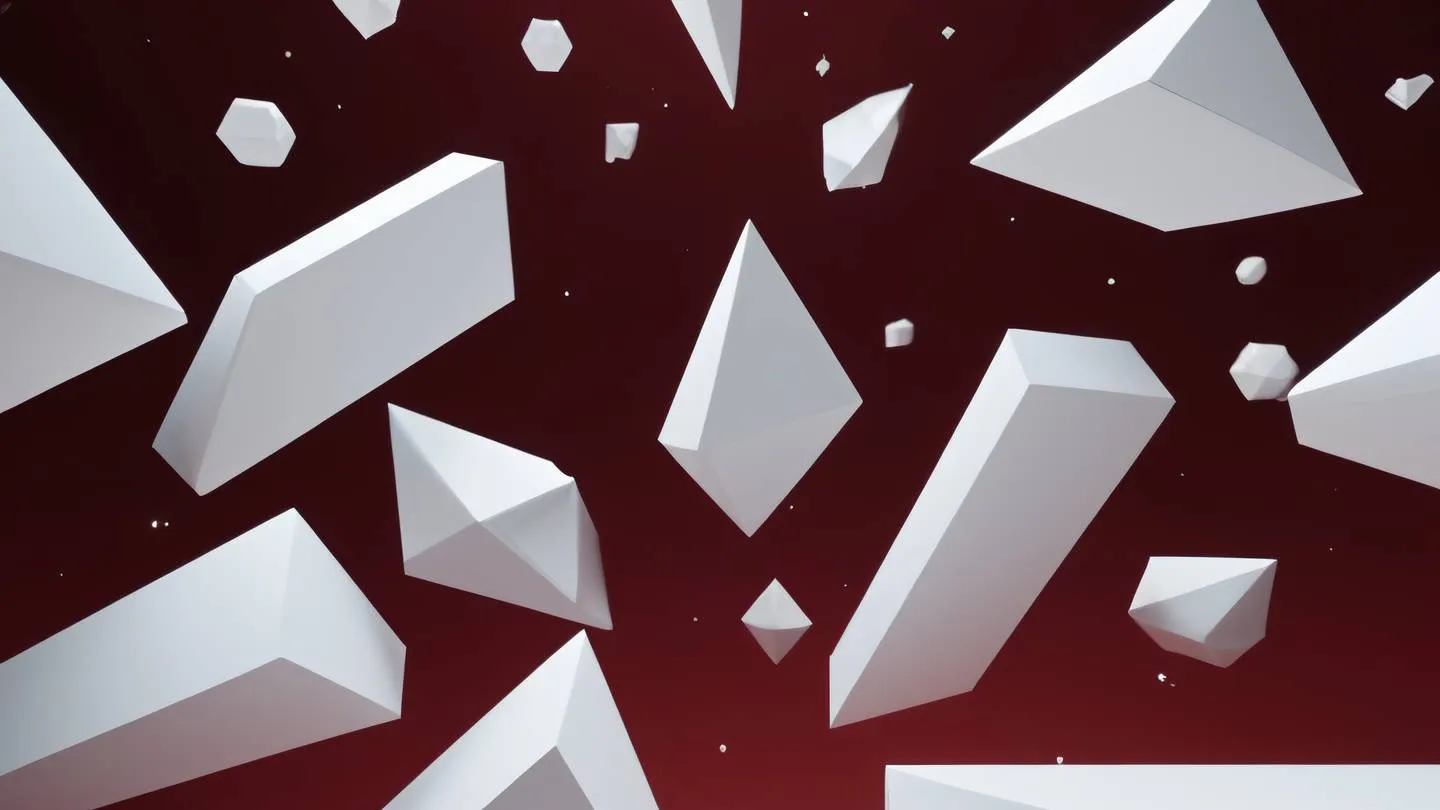 Abstract geometric shapes floating in space composed of white crystalline structures against a deep red background captured from a low angle perspective high-quality ultra-realistic cinematic 8K UHD high resolution sharp and detail