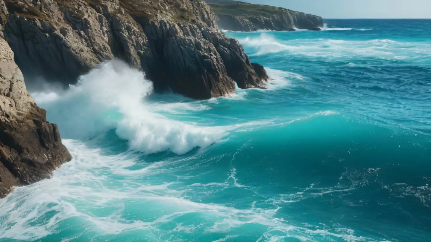 Ocean waves crashing against rocky cliffs bright turquoise water contrasting with natural stone textures captured from side view perspective high-quality ultra-realistic cinematic 8K UHD high resolution sharp and detail