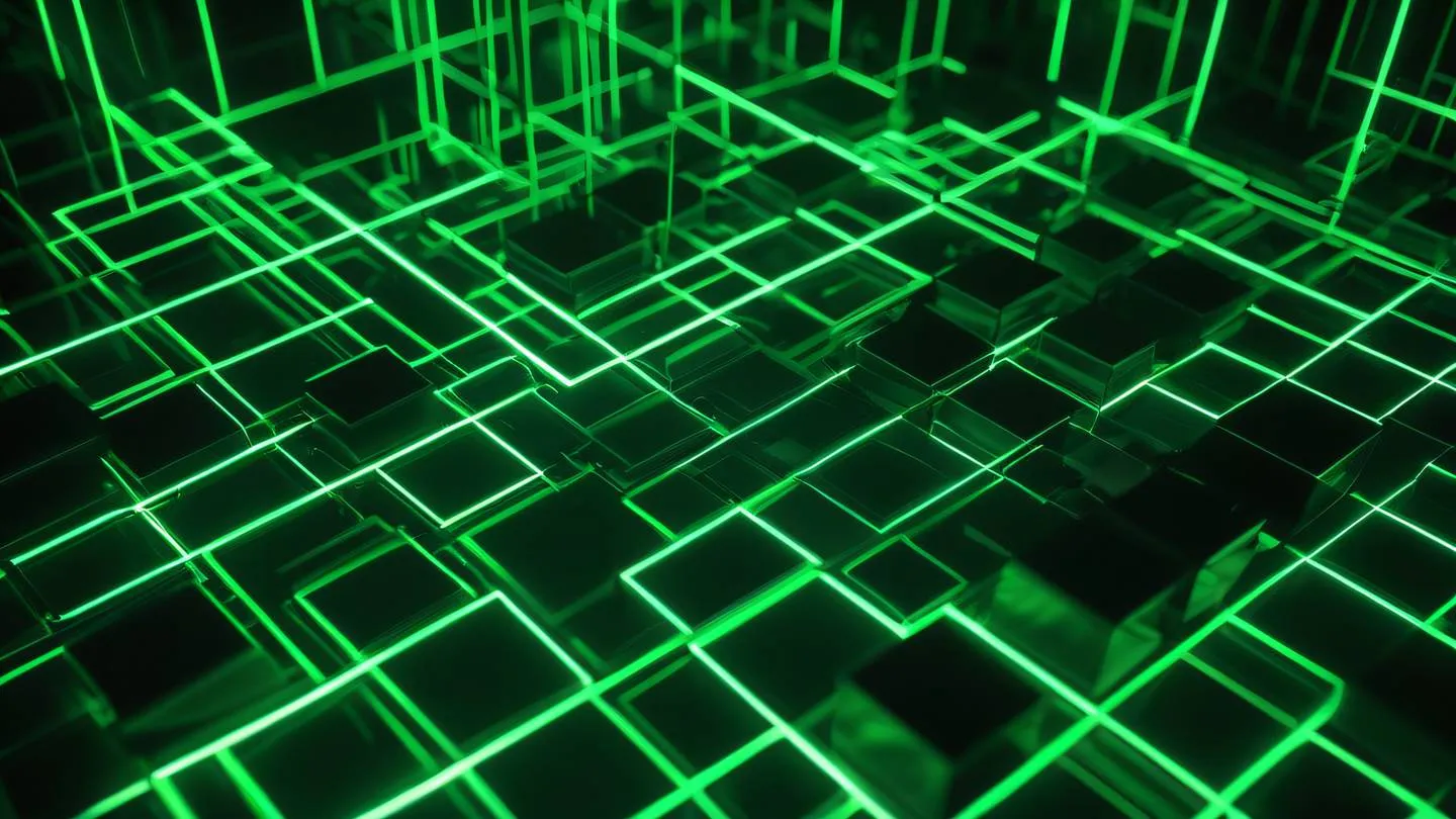 Abstract geometric shapes representing data validation patterns featuring interconnected cubes and flowing lines in bright neon green and dark green colors sharp edges and clean lines viewed from a 45-degree angle high-quality ultra-realistic cinematic 8K UHD high resolution sharp and detail