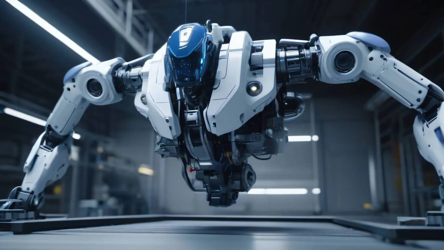 Modern robotic machinery in motion with indigo and white color scheme mechanical parts precisely assembled captured from a low angle perspective high-quality ultra-realistic cinematic 8K UHD high resolution sharp and detail