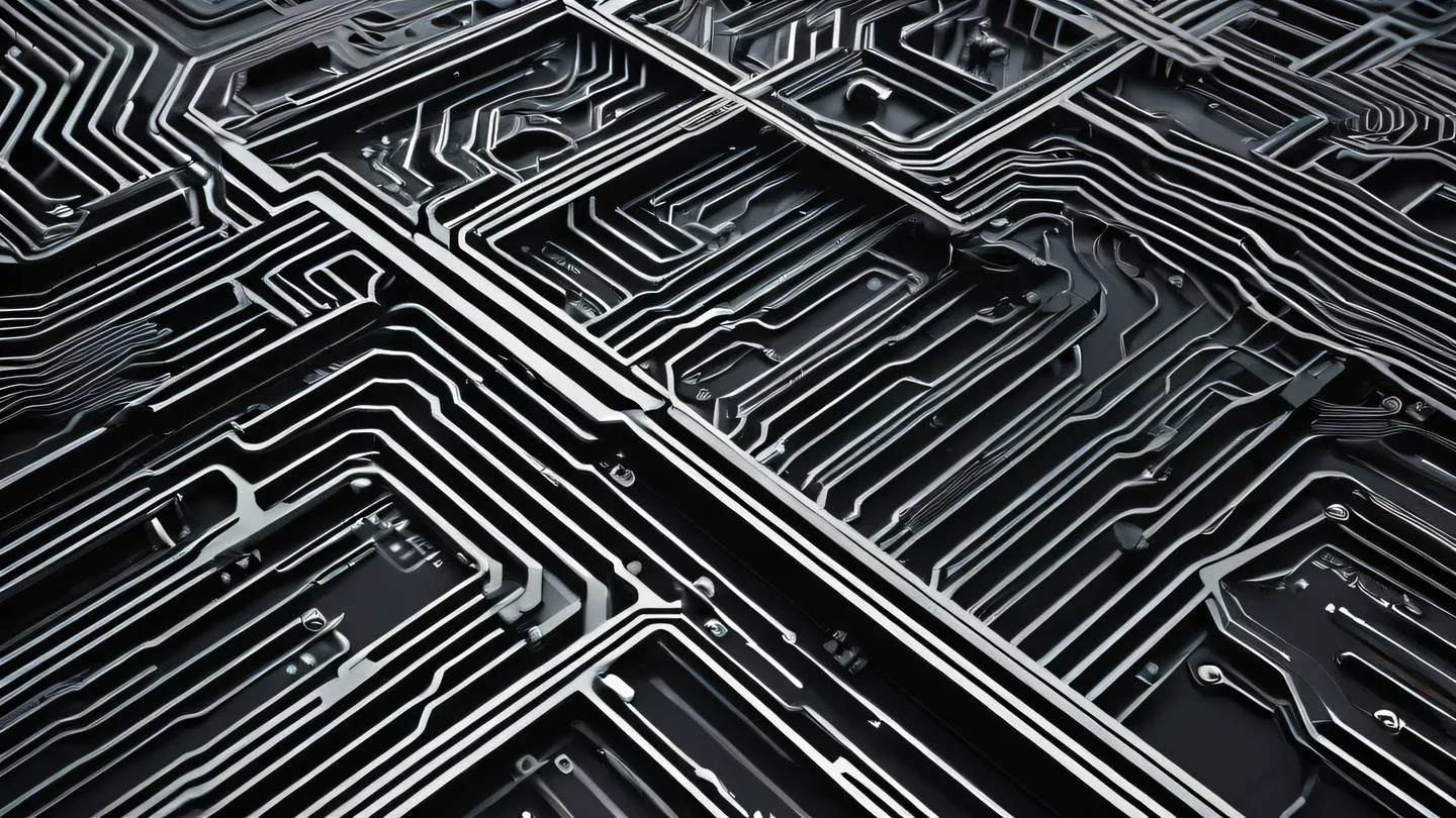 Aerial view of interconnected geometric patterns resembling circuit boards in bright black and white tones creating abstract technological landscape captured from top-down perspective high-quality ultra-realistic cinematic 8K UHD high resolution sharp and detail