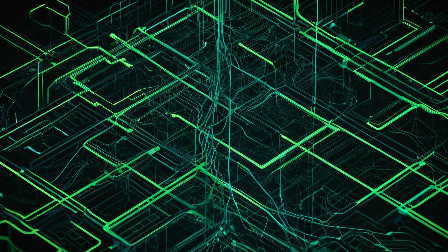 An abstract geometric pattern representing data flow and state management featuring interconnected nodes and flowing lines in bright cyan and electric green colors against a pure black background captured from a top-down perspective high-quality ultra-realistic cinematic 8K UHD high resolution sharp and detail