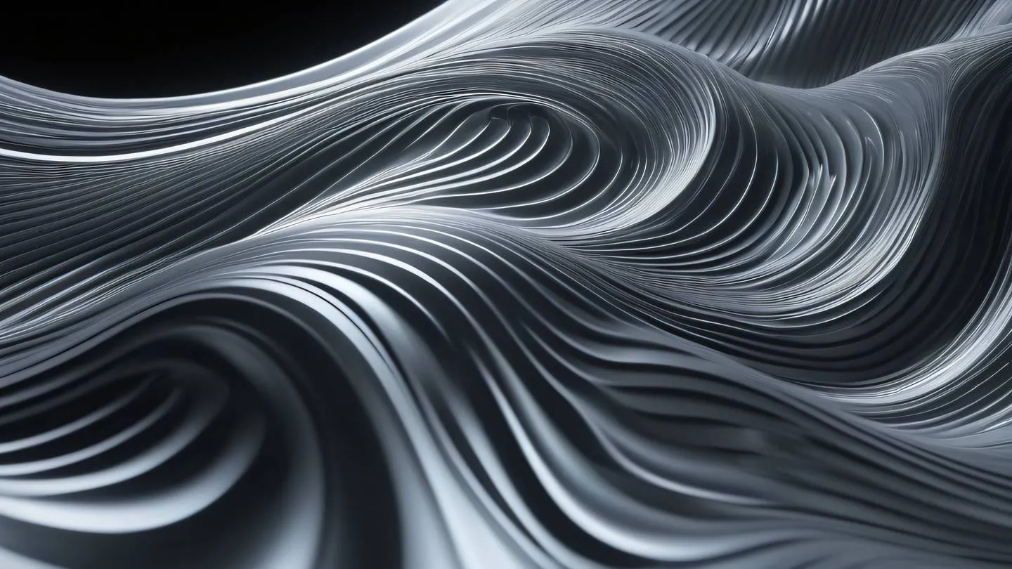 Abstract flowing waves of energy in holographic silver and white rippling through a black void representing data transformation and flow shot from a diagonal perspective high-quality ultra-realistic cinematic 8K UHD high resolution sharp and detail