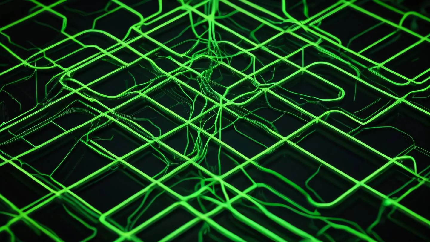 Organic texture pattern showing interconnected nodes in bright neon green against deep black background representing a living breathing system of data storage shot from a bird's eye view perspective high-quality ultra-realistic cinematic 8K UHD high resolution sharp and detail