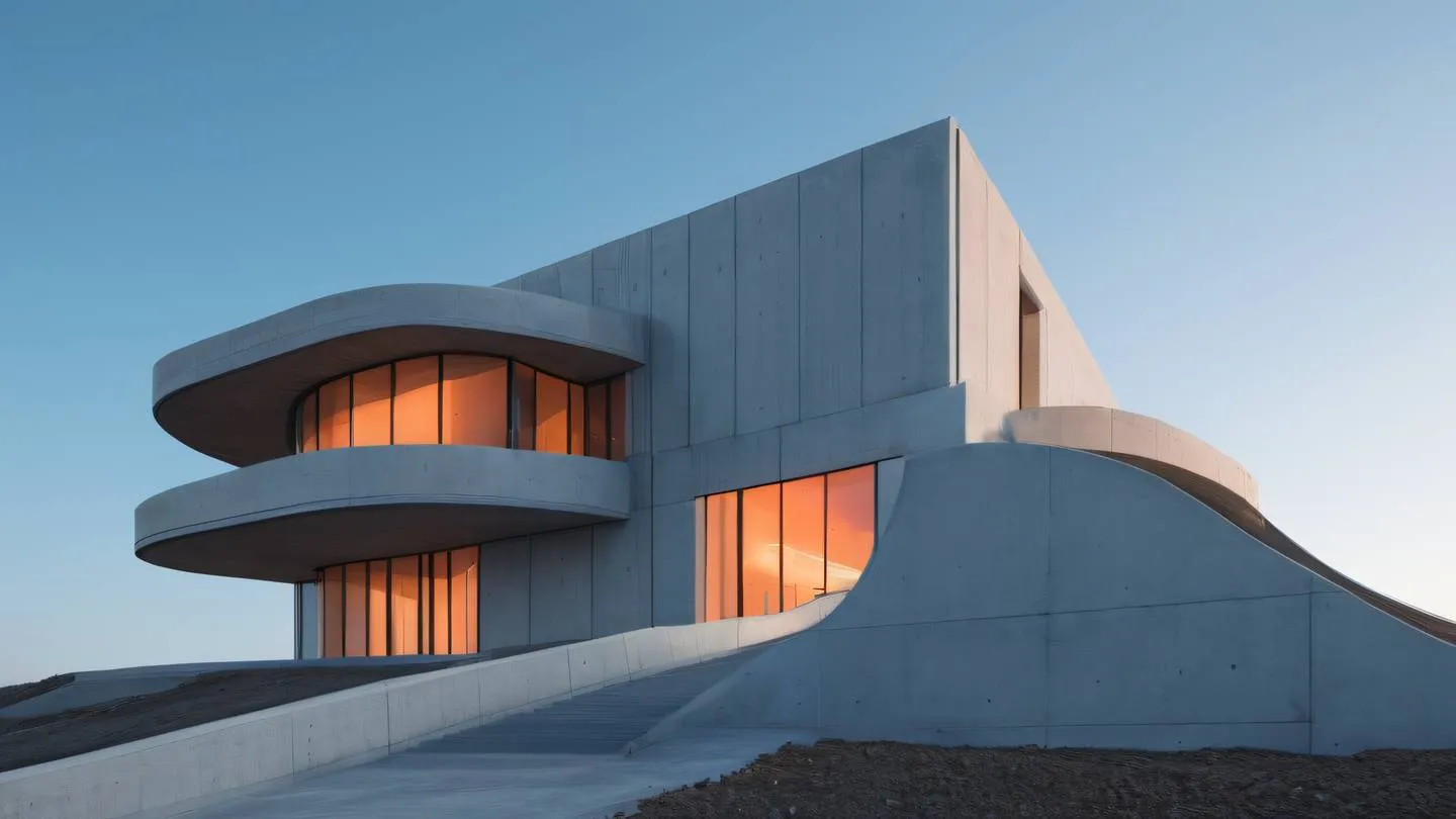 A minimalist modern concrete architectural structure with clean lines and geometric shapes featuring sweeping curves and multiple levels shot from a low angle perspective against a clear sky. Colors: Metallic silver structure with baby blue sky and salmon-orange accent lighting high-quality ultra-realistic cinematic 8K UHD high resolution sharp and detail