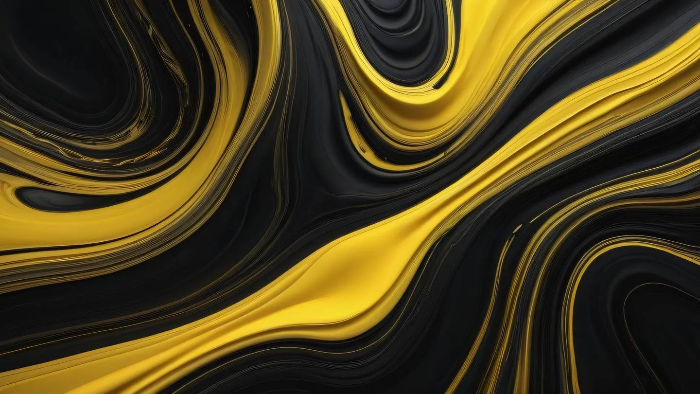 Abstract fluid art composition featuring flowing shapes and dynamic movement captured from above. Colors: Canary yellow transitioning to off-black with metallic accents creating organic patterns high-quality ultra-realistic cinematic 8K UHD high resolution sharp and detail