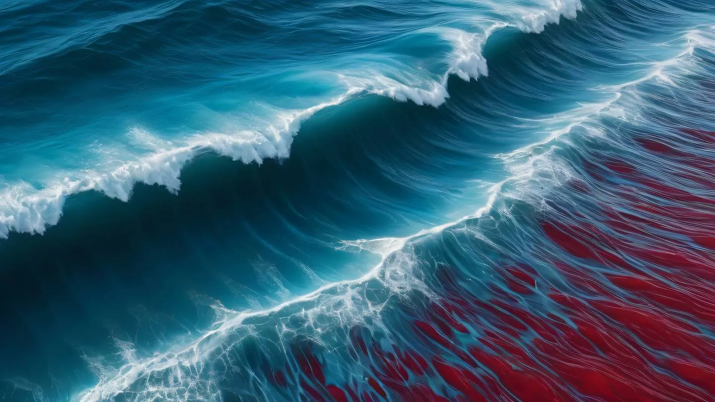 An oceanic scene capturing abstract wave patterns from a bird's eye view showing natural fluid dynamics and movement. Colors: Ruby red water reflections blending with baby blue ocean depths creating dynamic patterns high-quality ultra-realistic cinematic 8K UHD high resolution sharp and detail