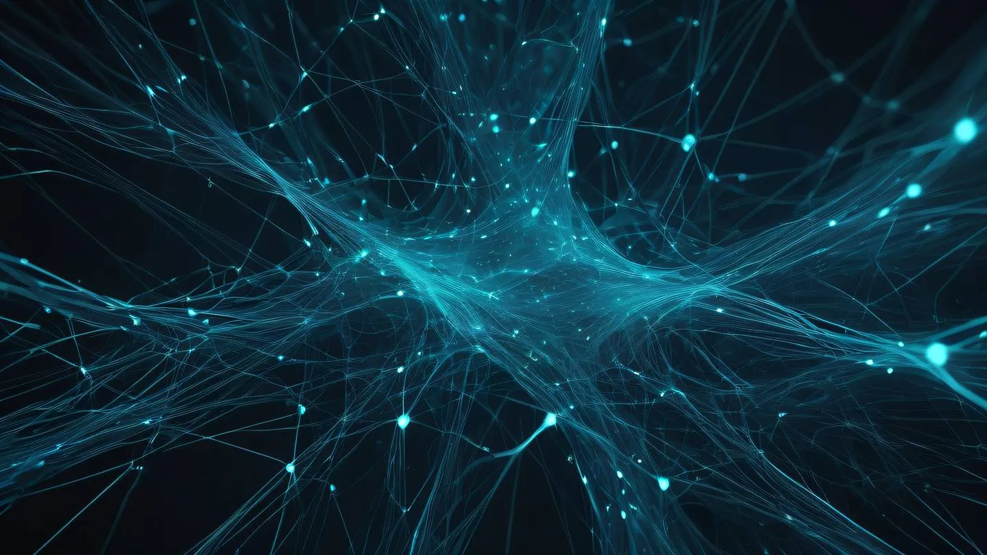 An ethereal abstract visualization of interconnected nodes and flowing data streams in translucent navy blue and electric aqua colors against a deep charcoal background shot from a top-down perspective ultra-realistic cinematic 8K UHD high resolution sharp and detail