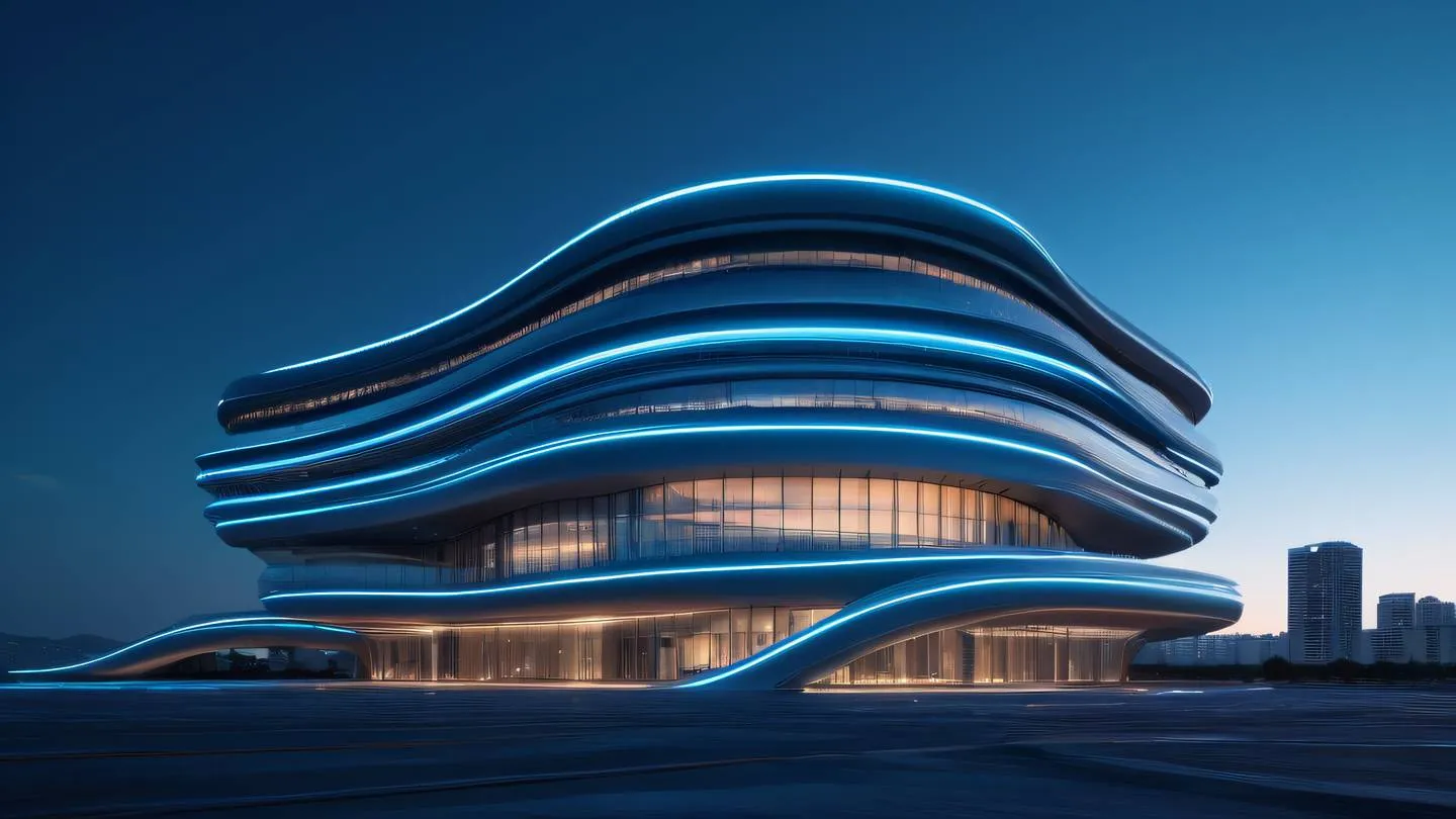 A futuristic architectural structure with flowing lines and curves illuminated by neon blue and turquoise accent lights against a twilight sky photographed from a dramatic upward angle high-quality ultra-realistic cinematic 8K UHD high resolution sharp and detail