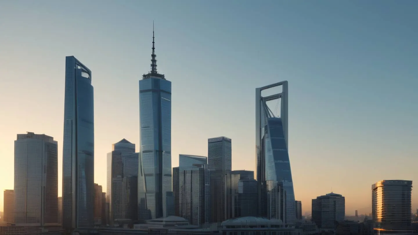 Modern city skyline with dusty blue and white tones during golden hour shot from a low angle perspective emphasizing architectural lines and shapes high-quality ultra-realistic cinematic 8K UHD high resolution sharp and detail