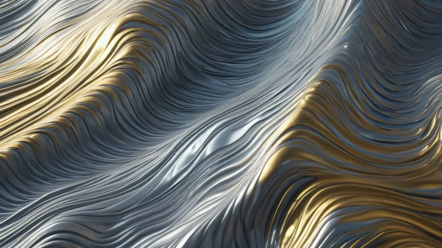 Iridescent abstract waves with flowing metallic textures in silver and gold captured from a bird's eye view showing the intricate patterns and reflections high-quality ultra-realistic cinematic 8K UHD high resolution sharp and detail