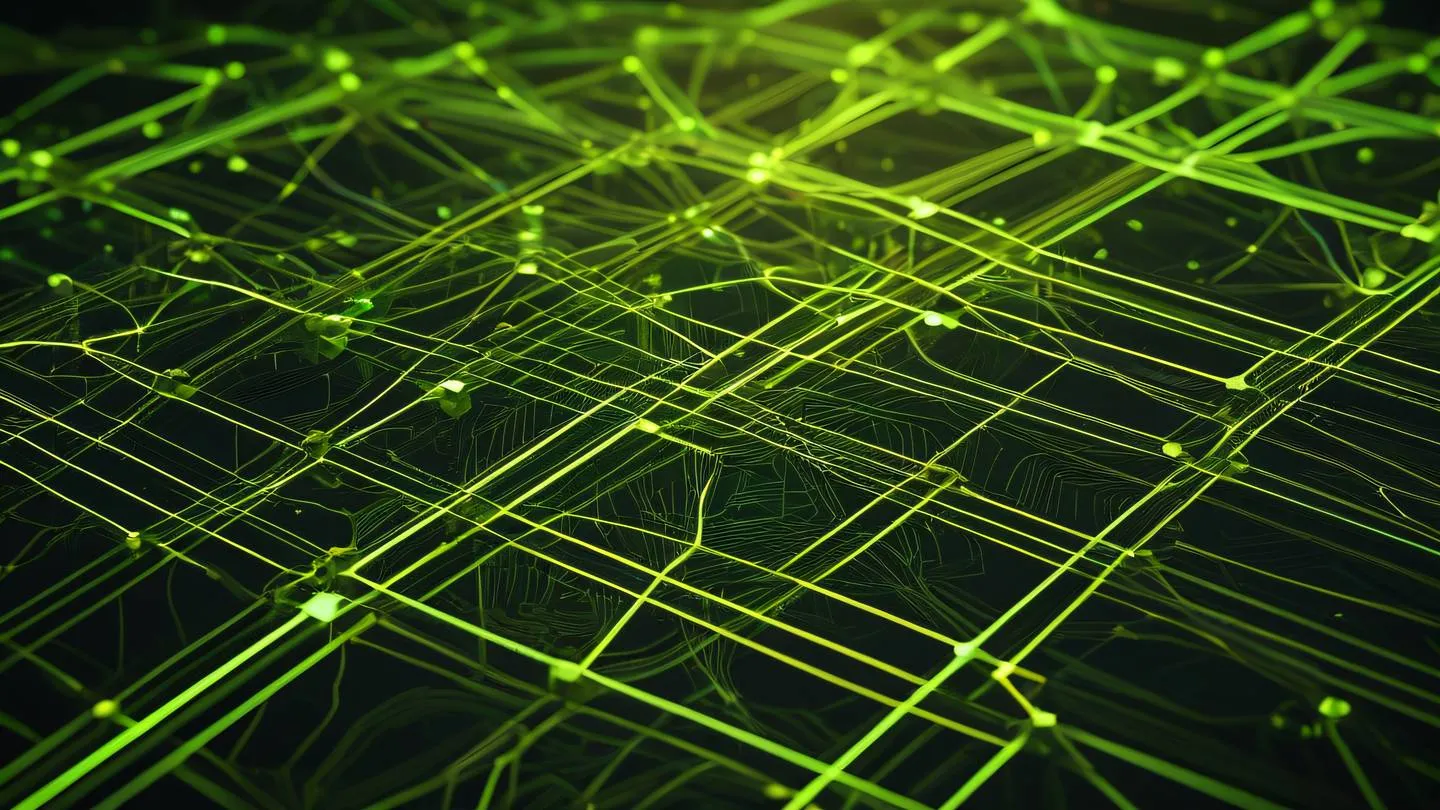 Abstract visualization of interconnected nodes and pathways featuring fluorescent green and ochre colors flowing through geometric patterns captured from an isometric angle high-quality ultra-realistic cinematic 8K UHD high resolution sharp and detail