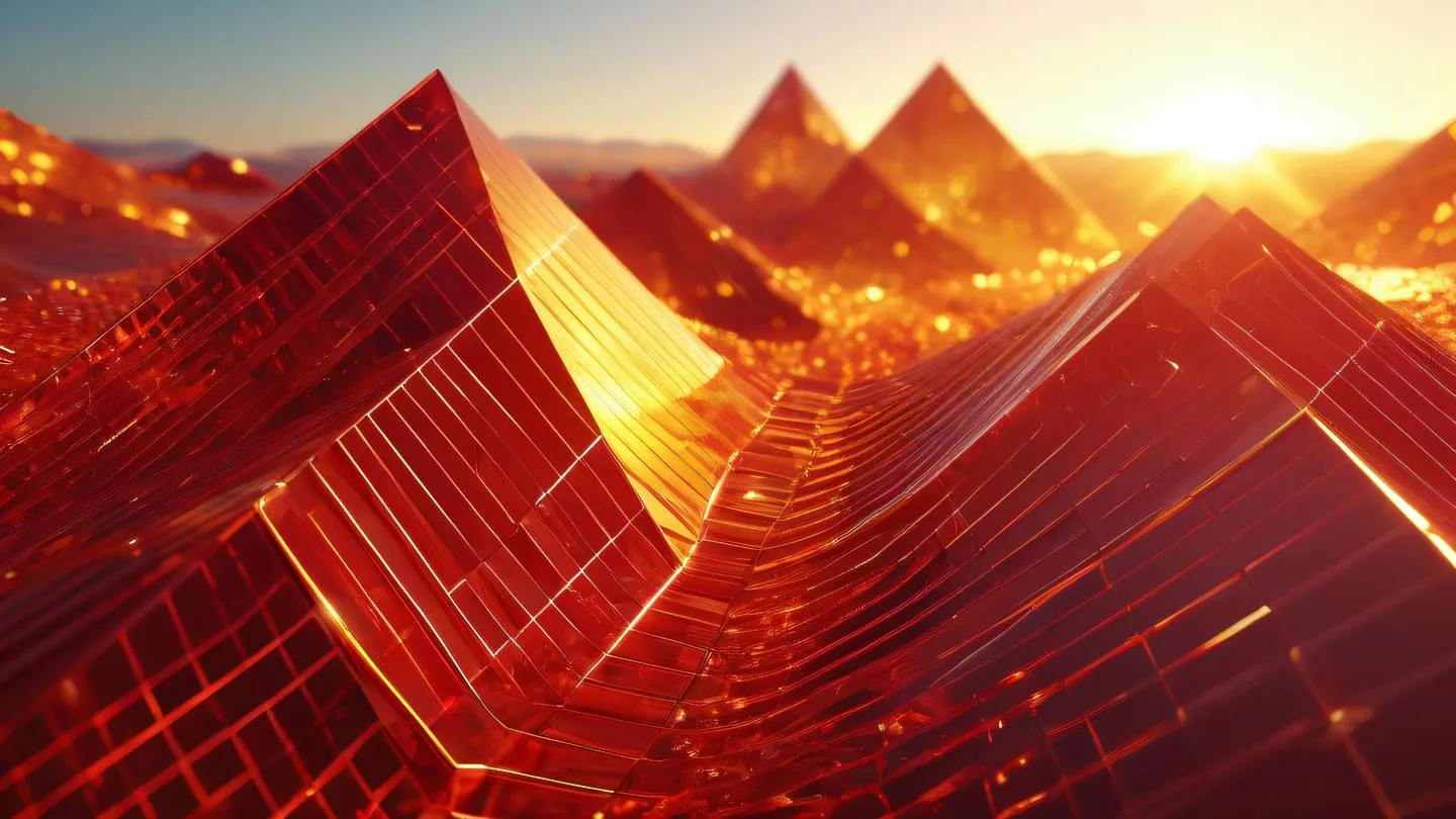 Abstract geometric patterns representing optimization and efficiency featuring perfect red and sunshine yellow gradients flowing through crystalline structures shot from a dramatic low angle high-quality ultra-realistic cinematic 8K UHD high resolution sharp and detail