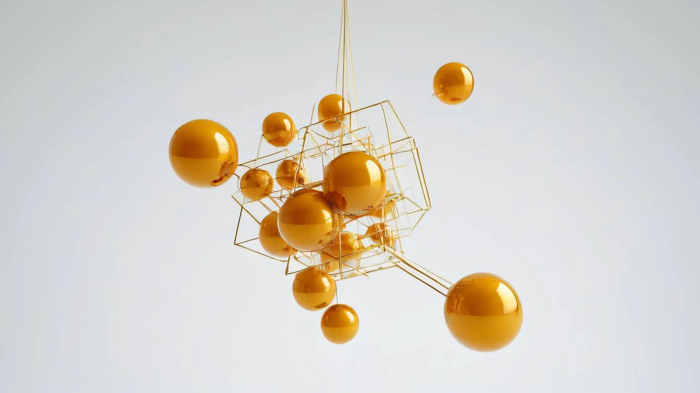 A minimalist geometric abstract sculpture made of interconnected cubes and spheres rendered in bright amber and gold tones floating in a clean white space. Shot from a low angle perspective the sculpture appears to be suspended in mid-air. high-quality ultra-realistic cinematic 8K UHD high resolution sharp and detail