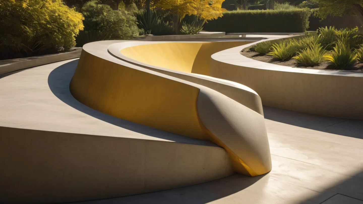 Modern concrete sculpture garden featuring flowing curves and sharp angles bathed in warm yellow sunlight. The structures cast dramatic shadows creating a play of light and dark. Photographed from a diagonal angle to capture depth. high-quality ultra-realistic cinematic 8K UHD high resolution sharp and detail