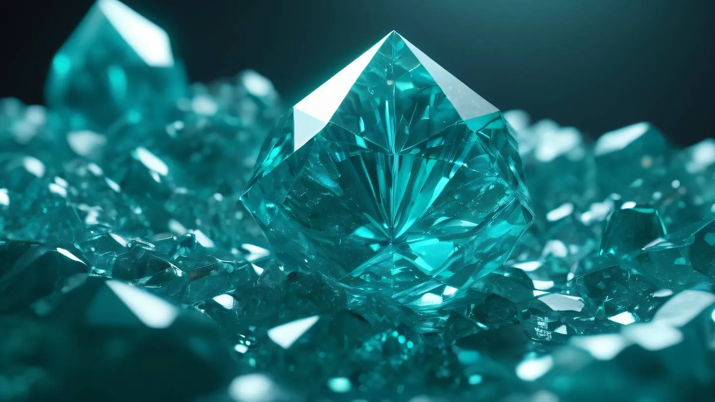 Crystalline gem-like structure with faceted surfaces reflecting light predominantly in bright blue-green hues with touches of silver. The structure seems to emerge from a smooth surface. Captured from a front three-quarter view to show dimensionality. high-quality ultra-realistic cinematic 8K UHD high resolution sharp and detail