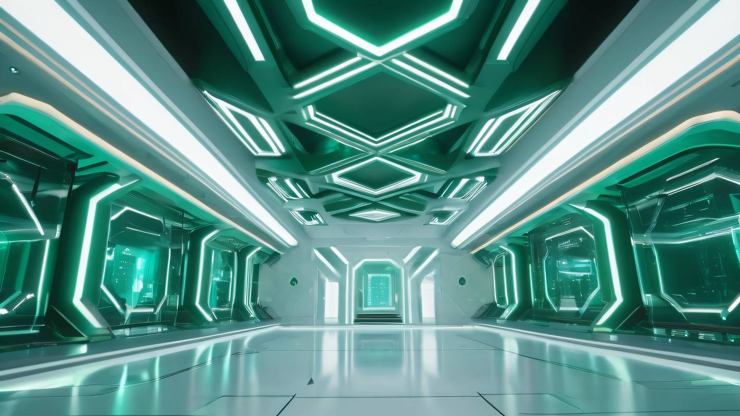 Futuristic technology hub interior with floating geometric shapes and holographic displays emerald green and white color scheme with subtle gold accents shot from a low angle perspective looking up at soaring architectural elements high-quality ultra-realistic cinematic 8K UHD high resolution sharp and detail