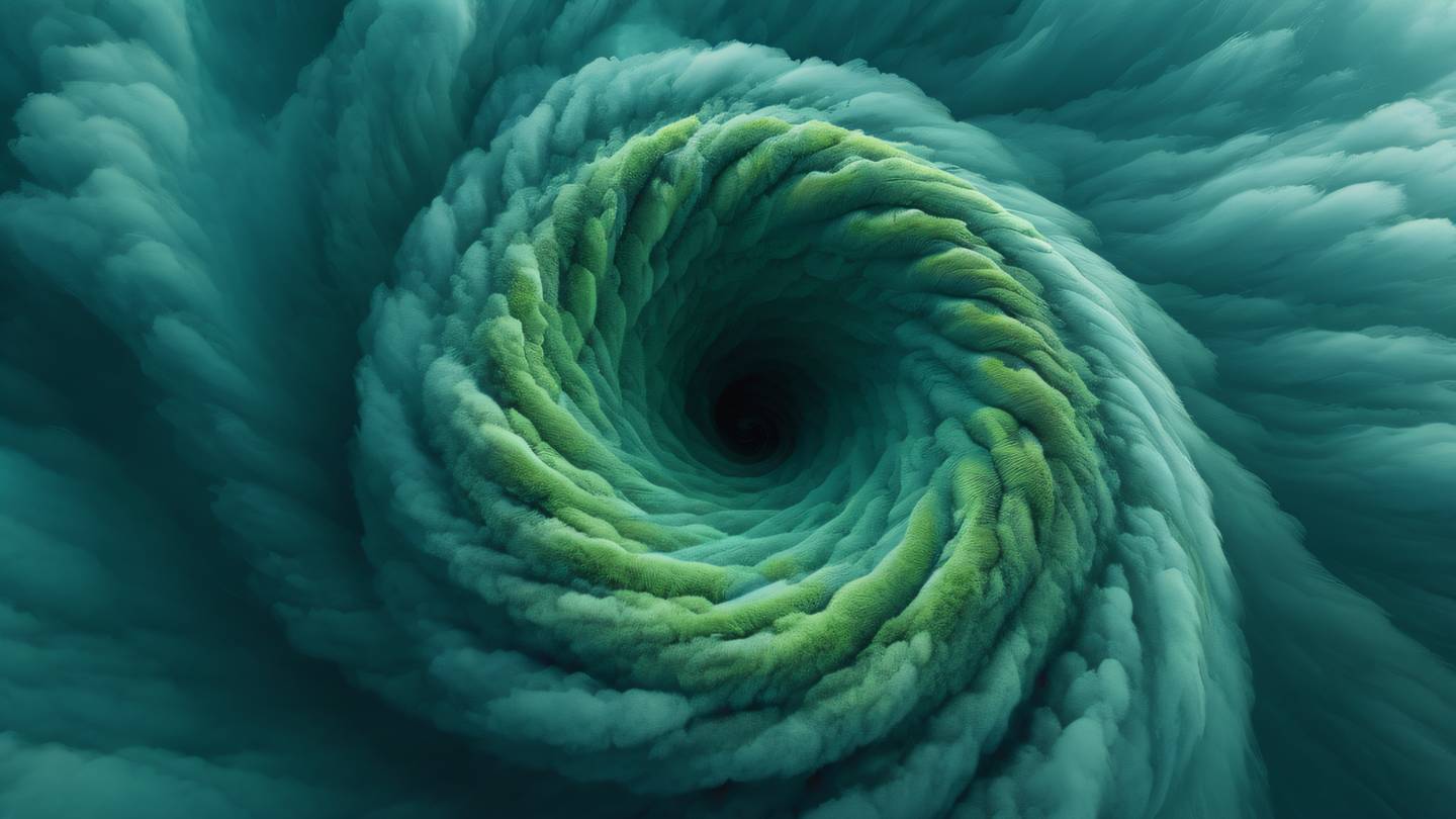 Abstract cloud formations in turquoise blue and fresh moss green swirling together in a dramatic spiral pattern captured from bird's eye view perspective high-quality ultra-realistic cinematic 8K UHD high resolution sharp and detail