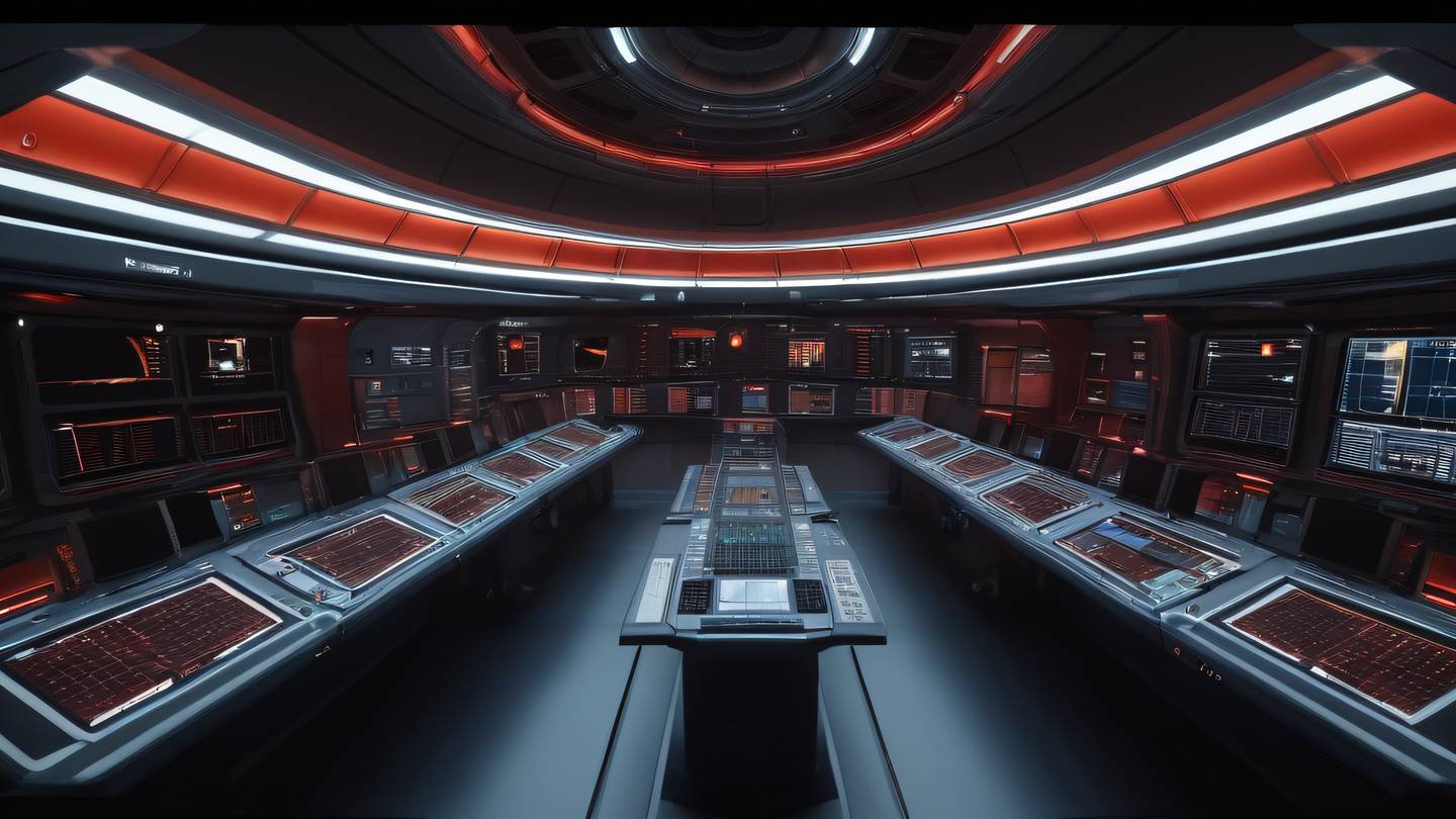 Space station control room with perfect red and ochre colored lighting casting dramatic shadows on metallic surfaces viewed from a wide-angle perspective showing the curved architecture high-quality ultra-realistic cinematic 8K UHD high resolution sharp and detail