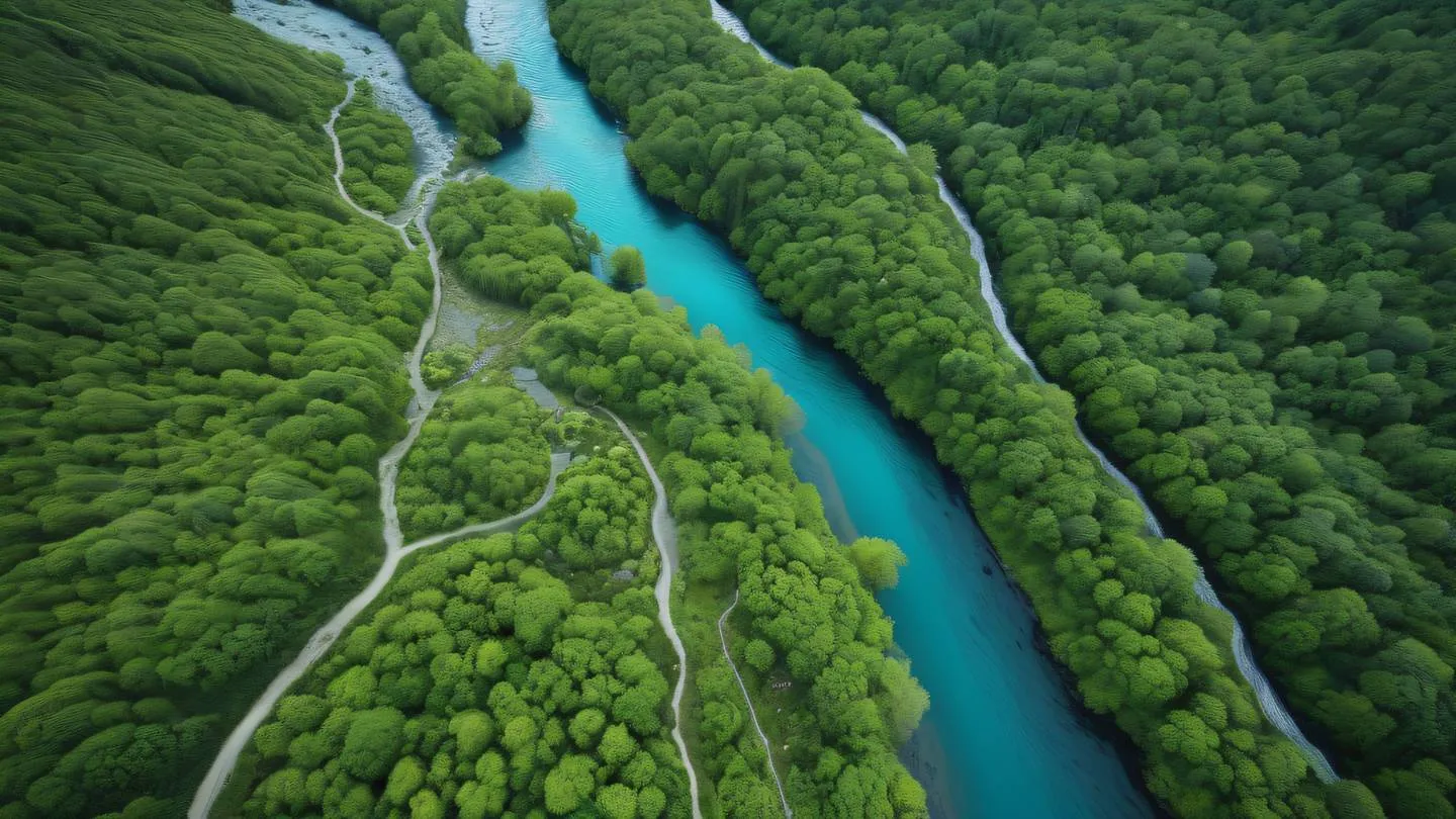 Aerial view of a naturally flowing river system through a landscape with intricate branching patterns in bright turquoise blue and fresh moss green colors captured from a 45-degree angle high-quality ultra-realistic cinematic 8K UHD high resolution sharp and detail