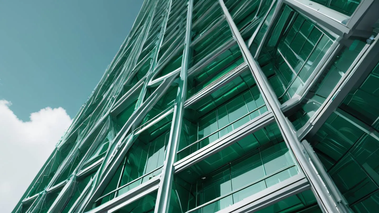 Abstract architectural structures with interconnected geometric shapes and lines rendered in metallic silver and emerald green tones photographed from a low angle perspective looking up high-quality ultra-realistic cinematic 8K UHD high resolution sharp and detail