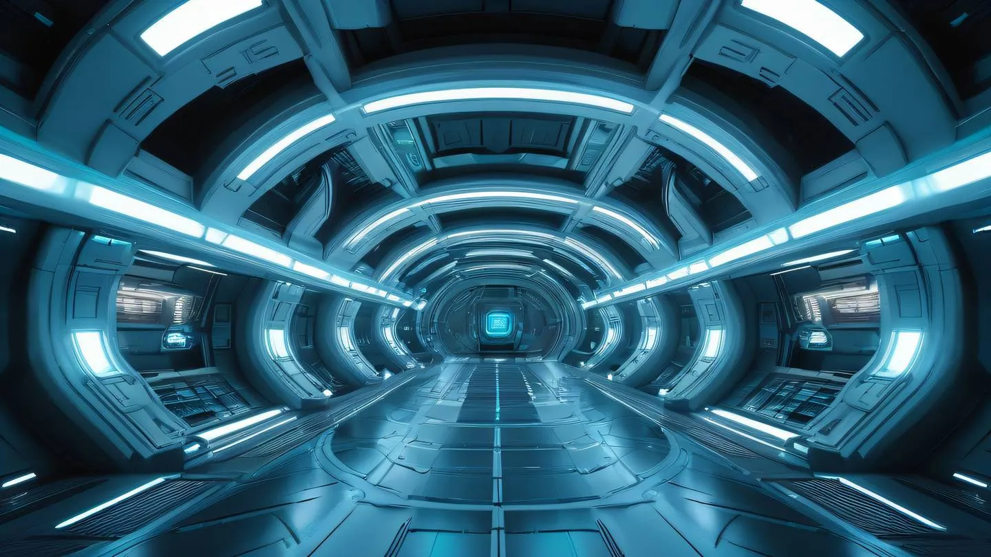 A vast space station interior with sweeping curved architecture and geometric patterns featuring bright metallic surfaces and turquoise blue accent lighting captured from a wide-angle perspective high-quality ultra-realistic cinematic 8K UHD high resolution sharp and detail