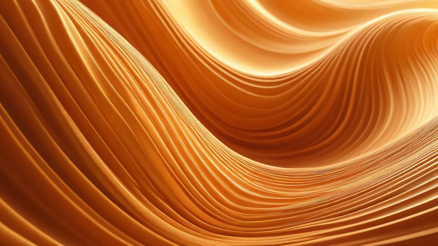 Smooth flowing abstract waves and curves in warm golden and orange tones representing fluid design patterns captured from a 45-degree angle with gentle light rays piercing through high-quality ultra-realistic cinematic 8K UHD high resolution sharp and detail