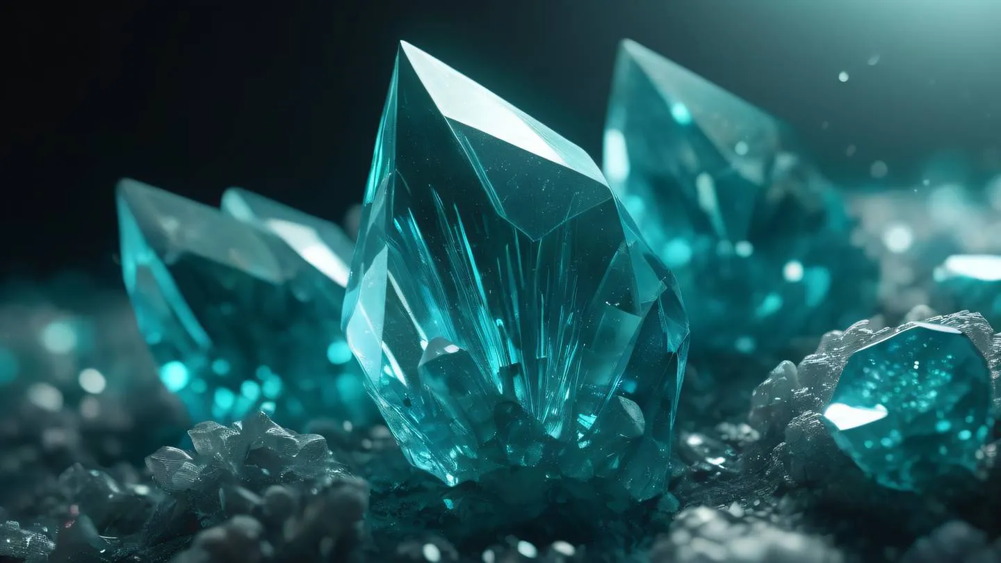 Elegant holographic crystal formations with light refractions featuring teal and silver tones captured from a low angle perspective with dramatic lighting high-quality ultra-realistic cinematic 8K UHD high resolution sharp and detail