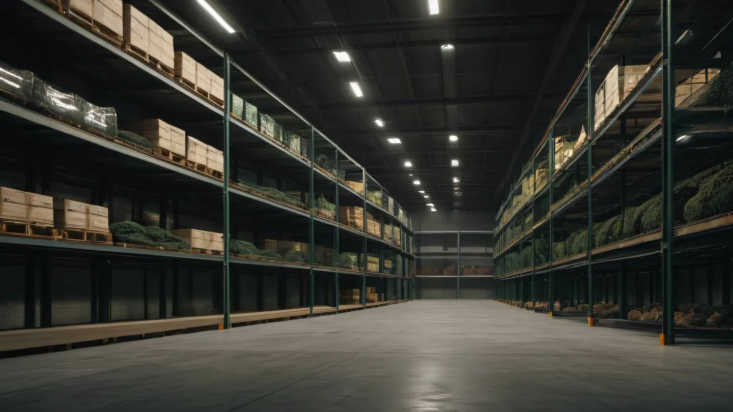 Industrial minimalist warehouse interior with geometric metal shelving warm stone color palette with accents of seaweed green dramatic side lighting shot from low angle perspective high-quality ultra-realistic cinematic 8K UHD high resolution sharp and detail